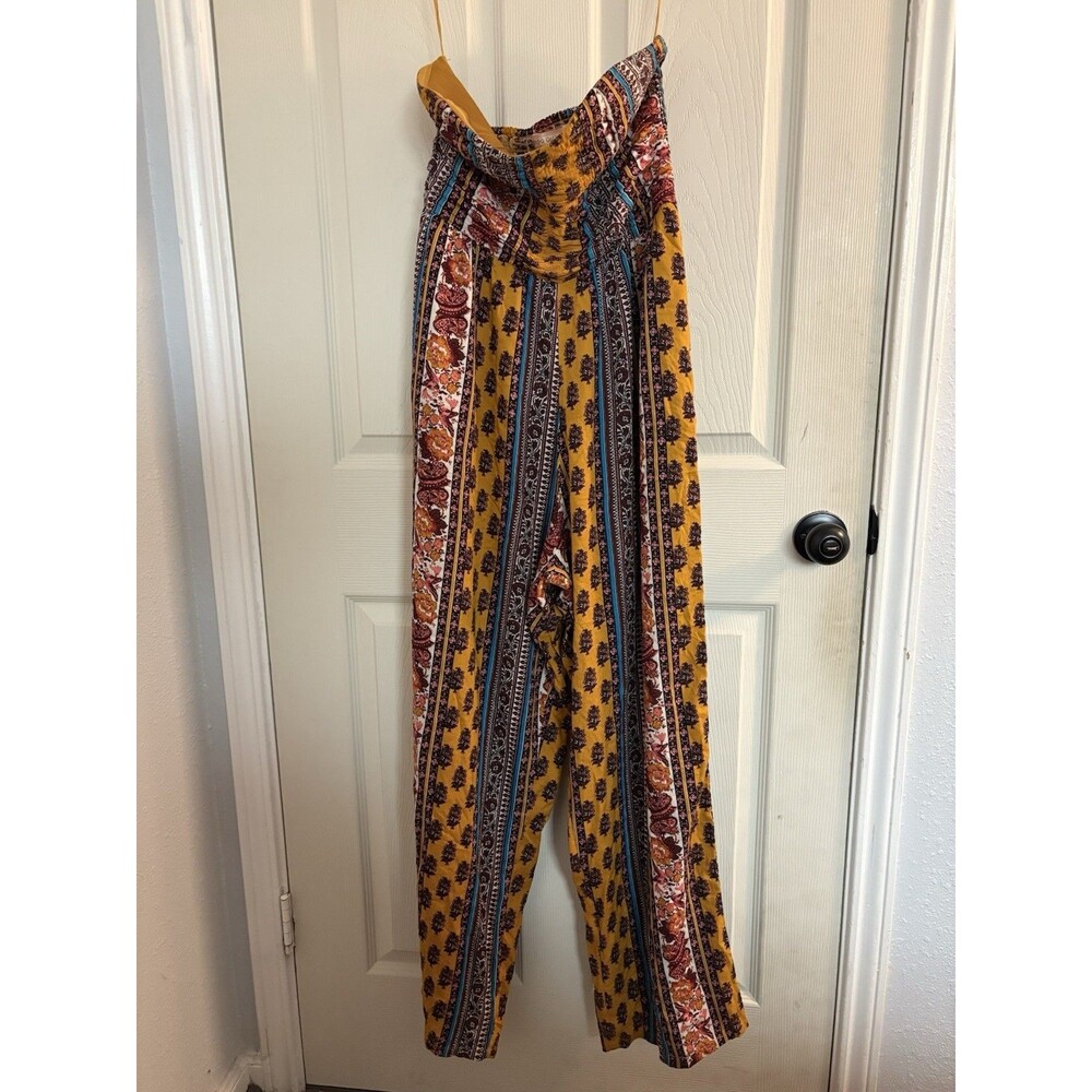 B.O.G Collective Boho Strapless Smocked Jumpsuit Wide Leg Floral Print Size M